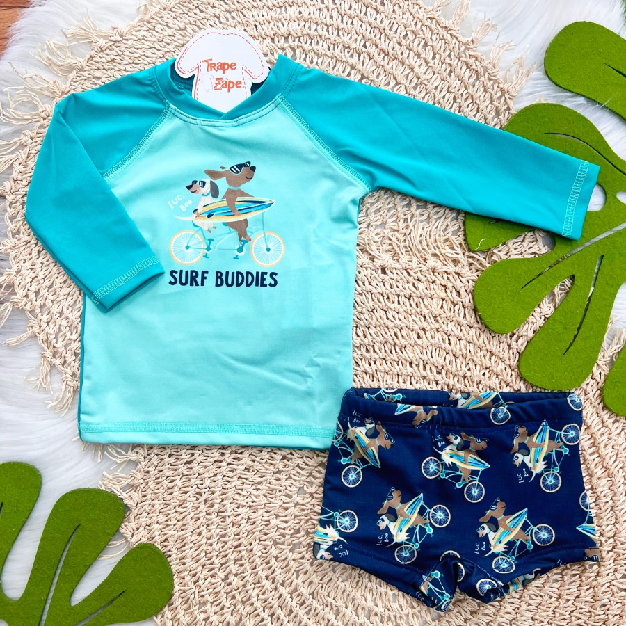 Linha Praia - Conj. Blusa Manga Longa Surf Buddies e Sunga com Proteção UV50+ - Verde e Marinho
